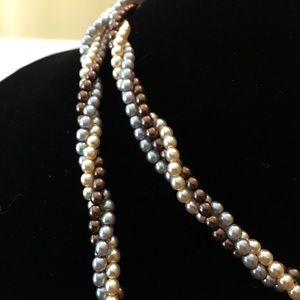 Brown cream & baby blue faux pearl twist necklace